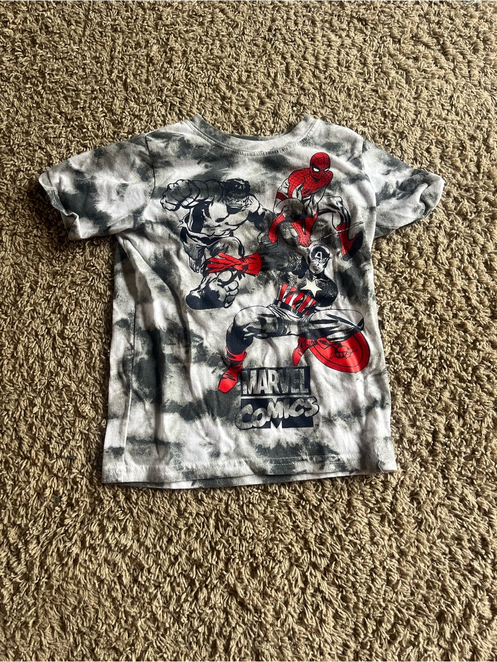 Marvel Boys' Gray Tie-Dye Tee with Red Superhero Accents